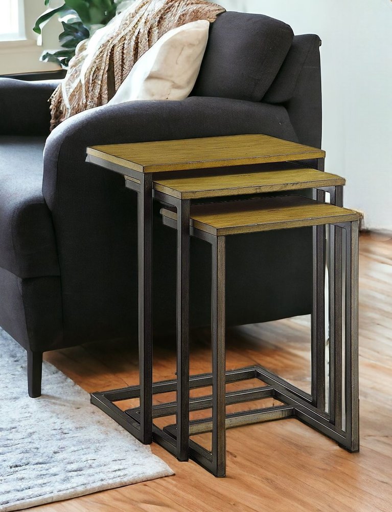 Set of Three Brown and Black Distressed Solid Wood and Steel Frame Nested Tables