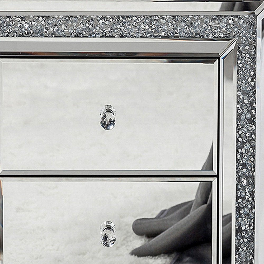 27" Silver Wood and Mirror And Mirrored Glass Three Drawer Nightstand