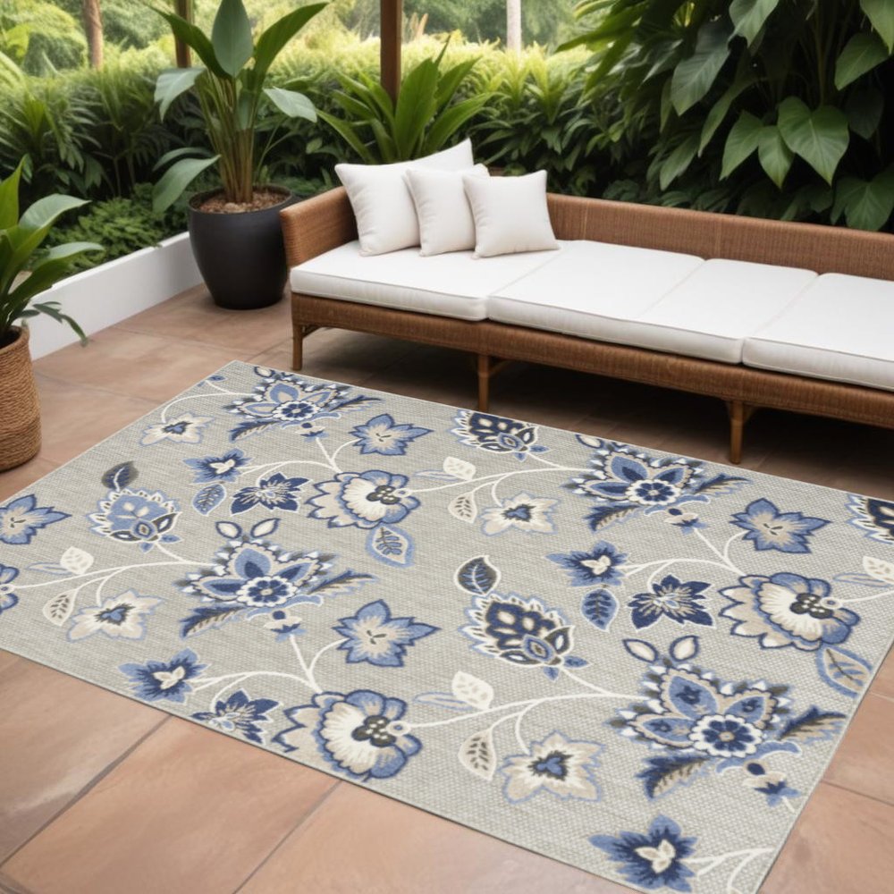 9' X 12' Blue And Grey Floral Stain Resistant Non Skid Area Rug