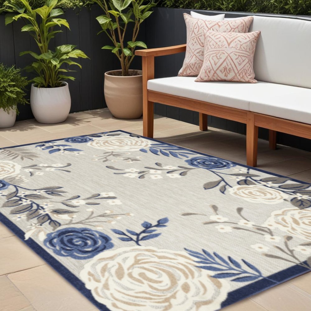 9' X 12' Blue And Grey Floral Stain Resistant Non Skid Area Rug