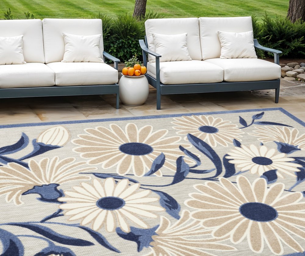 9' X 12' Blue and Gray Floral Non Skid Indoor Outdoor Area Rug