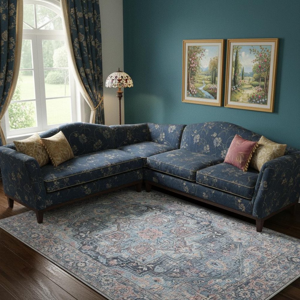 6' X 9' Light Blue And Orange Medallion Distressed Washable Area Rug