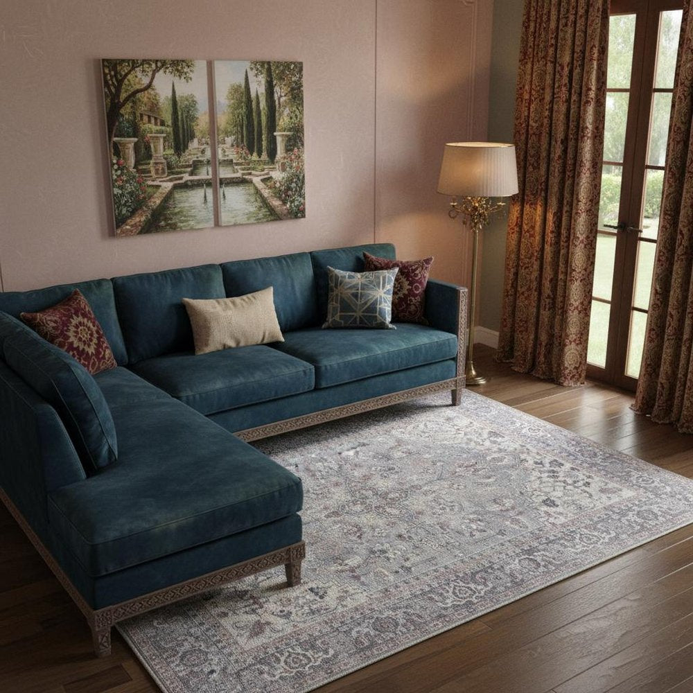 6' X 9' Grey Medallion Distressed Washable Area Rug
