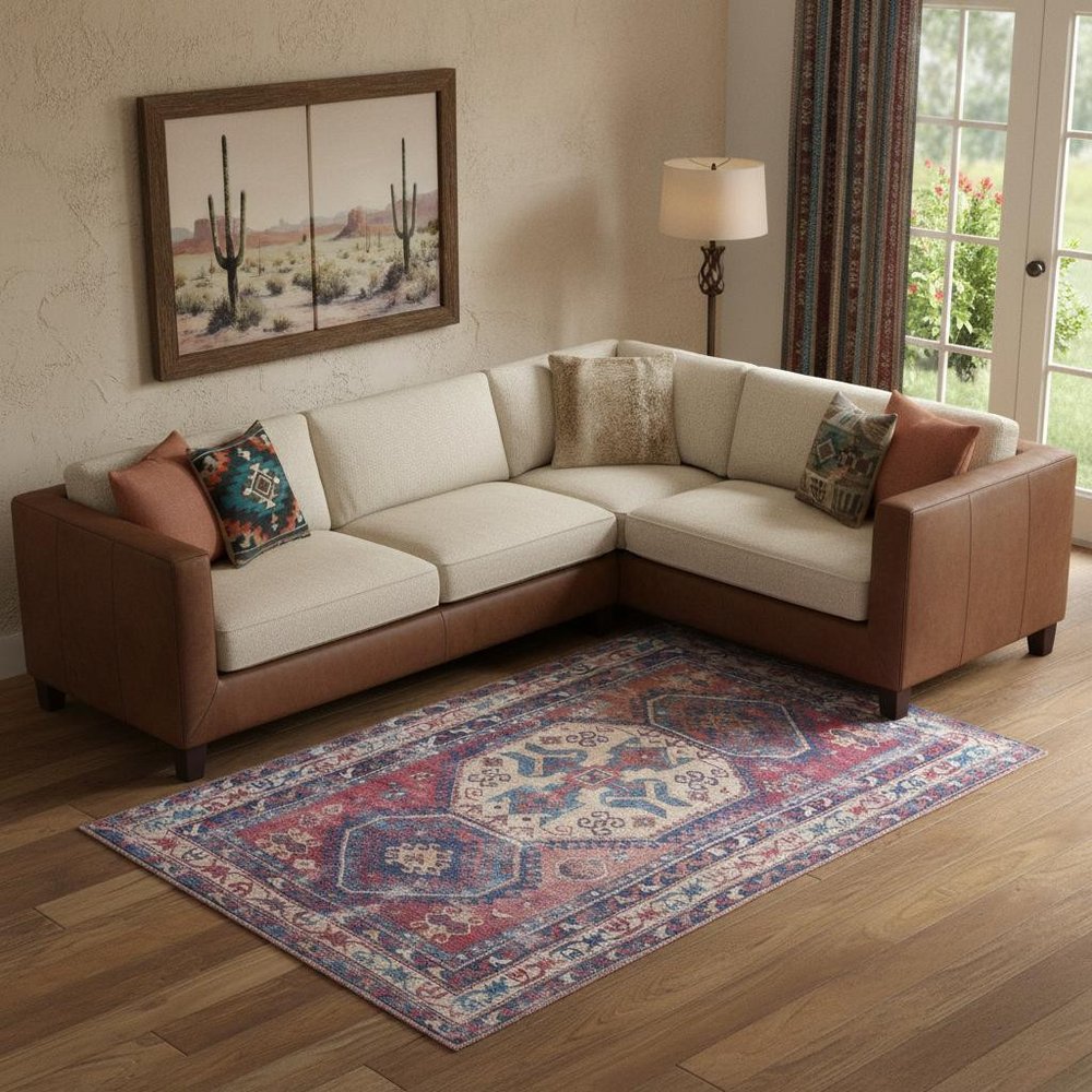 6' X 9' Red And Navy Medallion Distressed Washable Area Rug