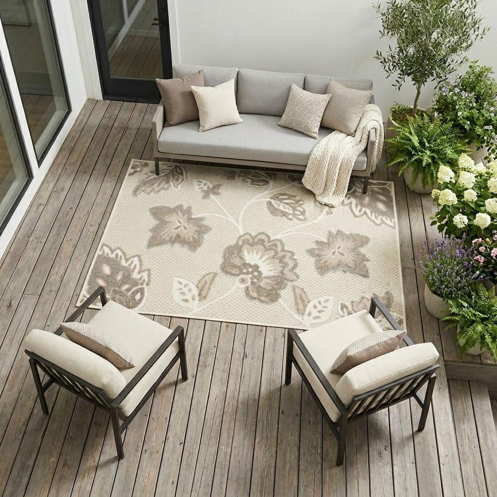 7' X 10' Beige Floral Non Skid Indoor Outdoor Area Rug