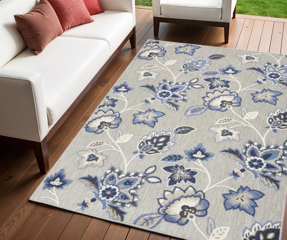 4' X 6' Blue And Grey Floral Stain Resistant Non Skid Area Rug