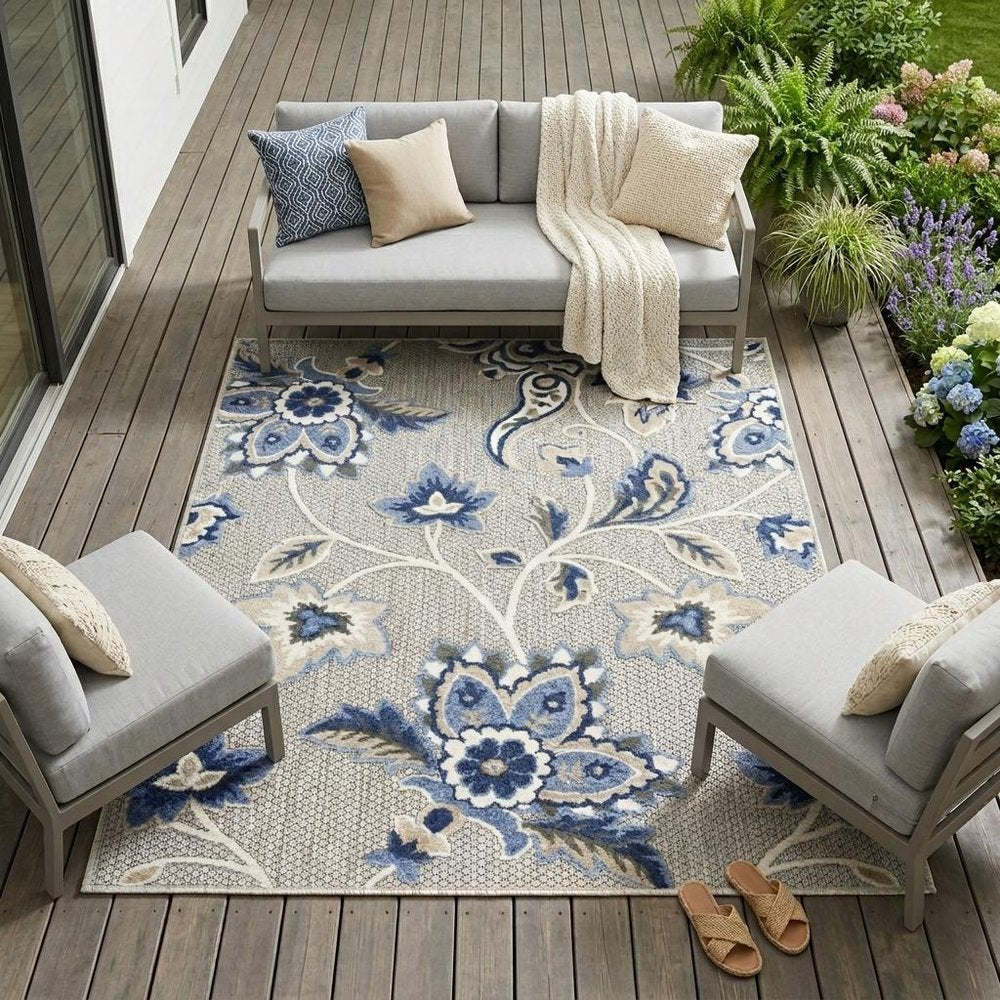 8' X 11' Blue and Gray Floral Non Skid Indoor Outdoor Area Rug