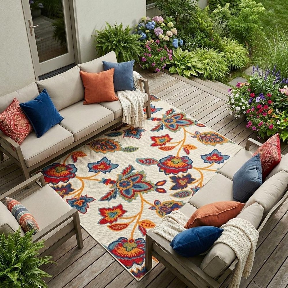 8' X 11' Gray Blue and Orange Floral Non Skid Indoor Outdoor Area Rug