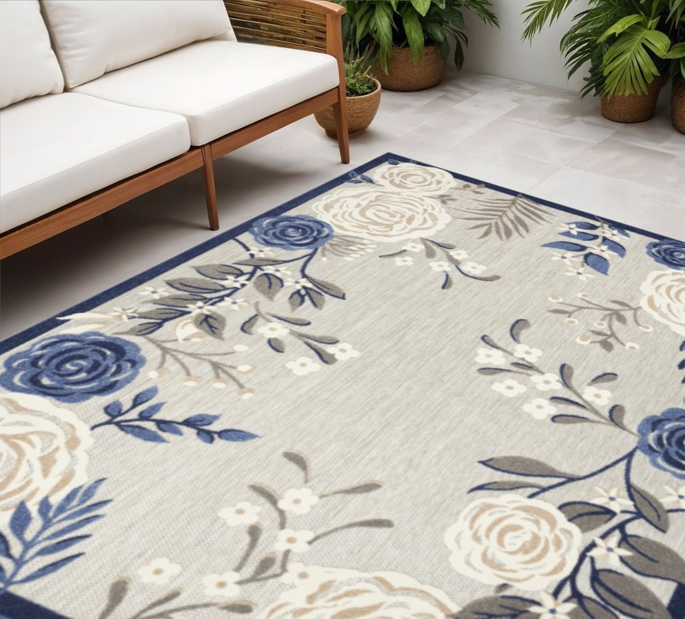 5' X 8' Blue And Grey Floral Stain Resistant Non Skid Area Rug