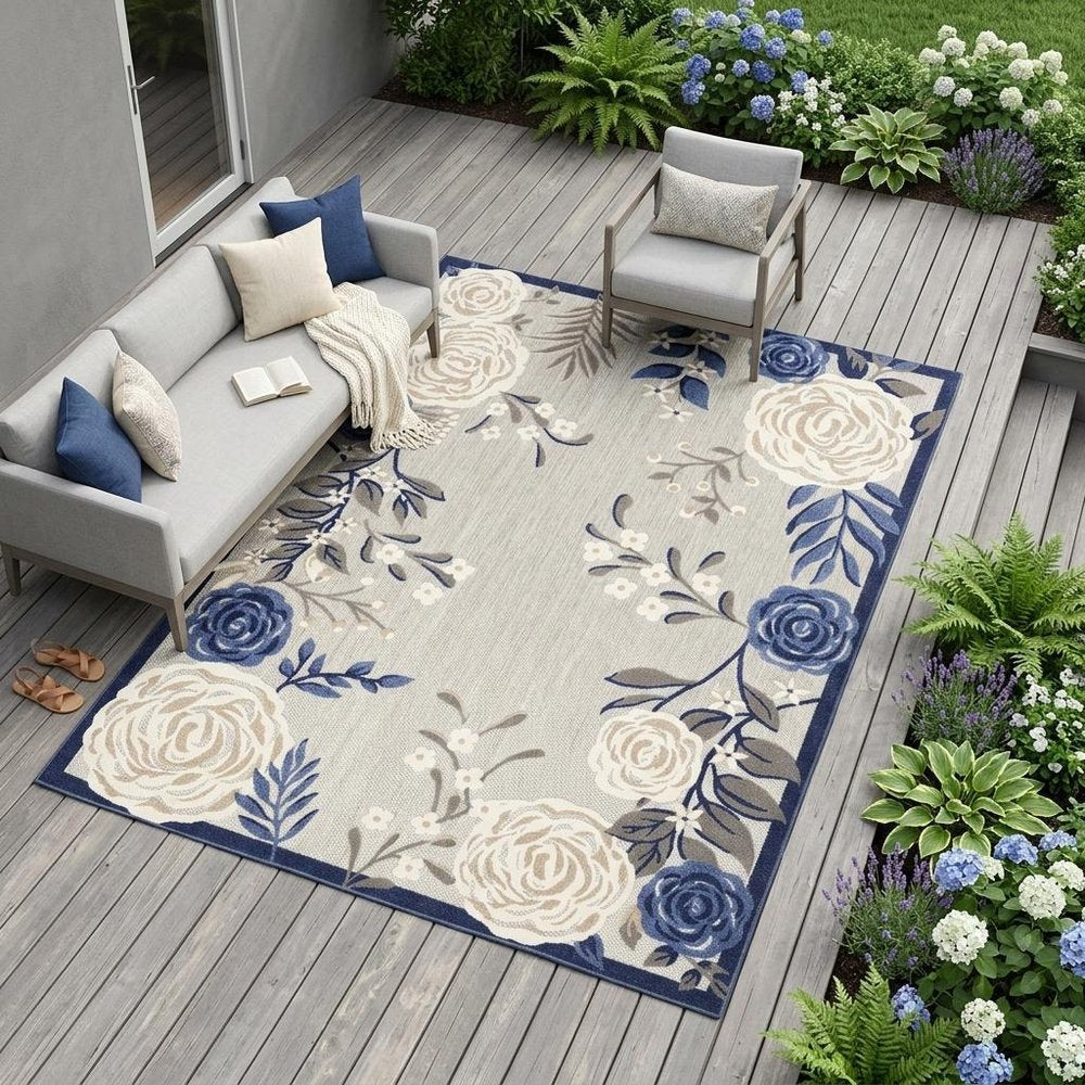 8' X 11' Blue and Gray Floral Non Skid Indoor Outdoor Area Rug