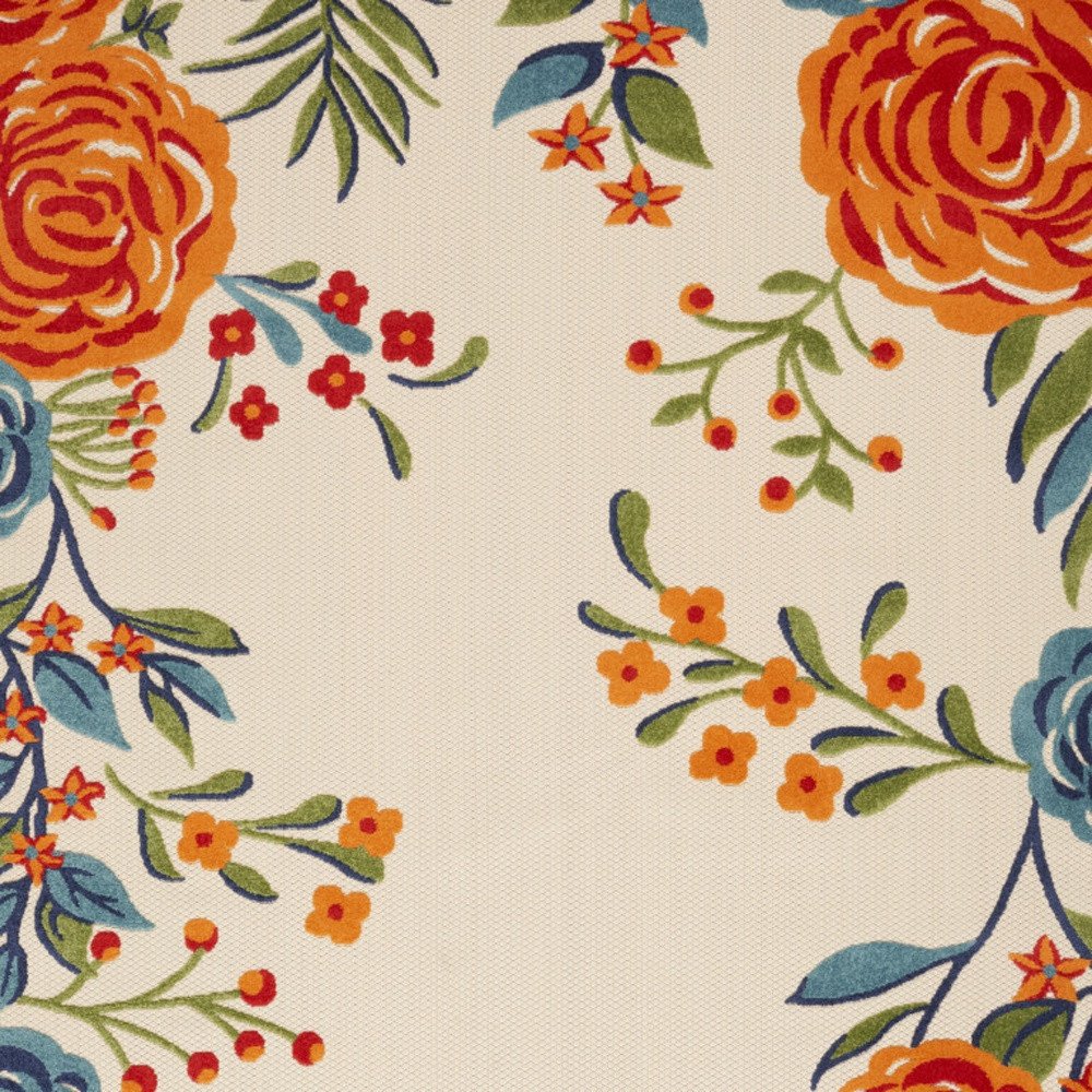 8' X 11' Ivory Blue and Orange Floral Non Skid Indoor Outdoor Area Rug