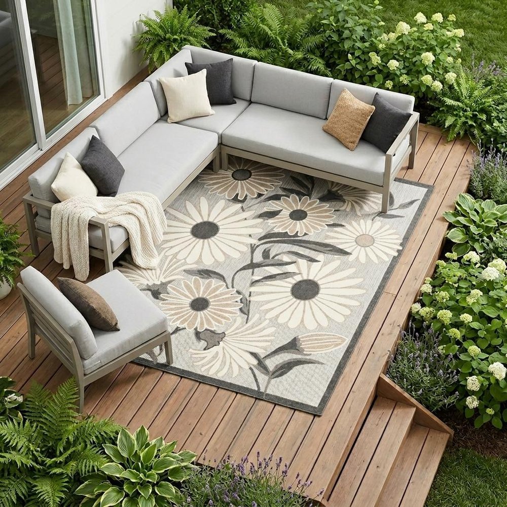 8' X 11' Beige Floral Non Skid Indoor Outdoor Area Rug