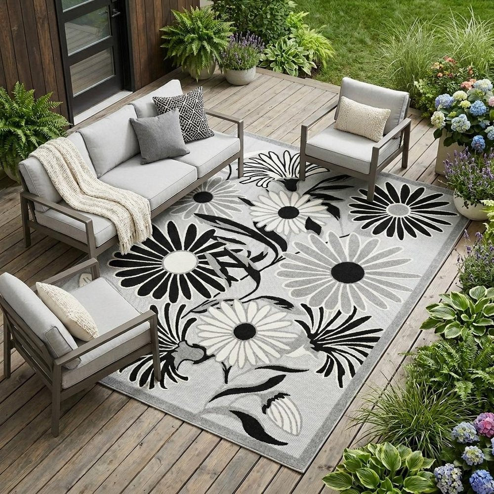 8' X 11' Black and White Floral Non Skid Indoor Outdoor Area Rug
