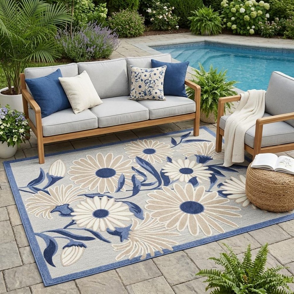 5' X 8' Blue and Gray Floral Non Skid Indoor Outdoor Area Rug