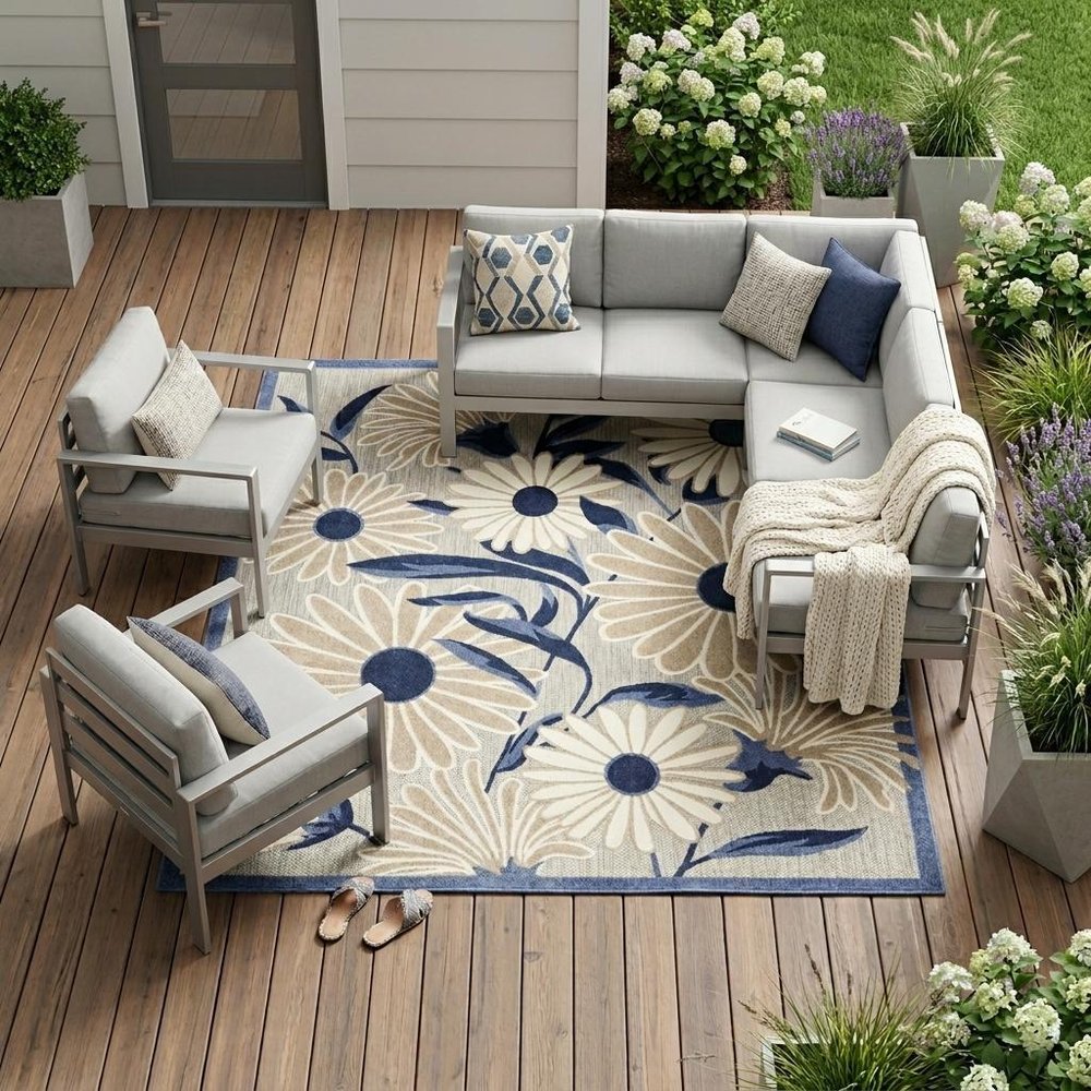 8' X 11' Blue and Gray Floral Non Skid Indoor Outdoor Area Rug
