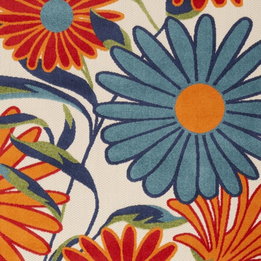 4' X 6' Ivory Blue and Orange Floral Non Skid Indoor Outdoor Area Rug