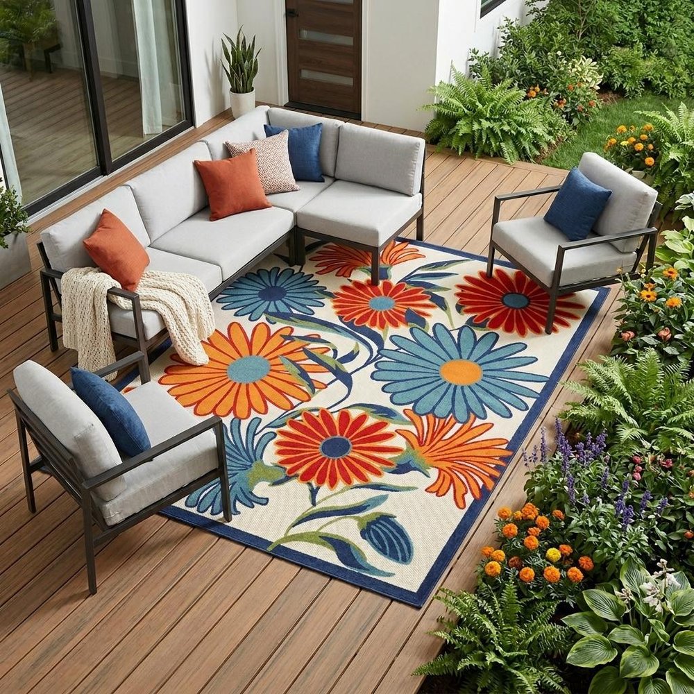 8' X 11' Ivory Blue and Orange Floral Non Skid Indoor Outdoor Area Rug