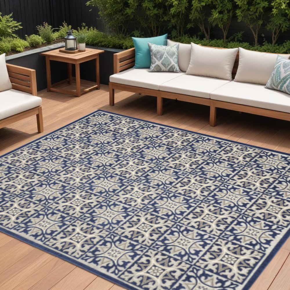 7' X 10' Blue Fleur De Lis Stain Resistant Non Skid Area Rug