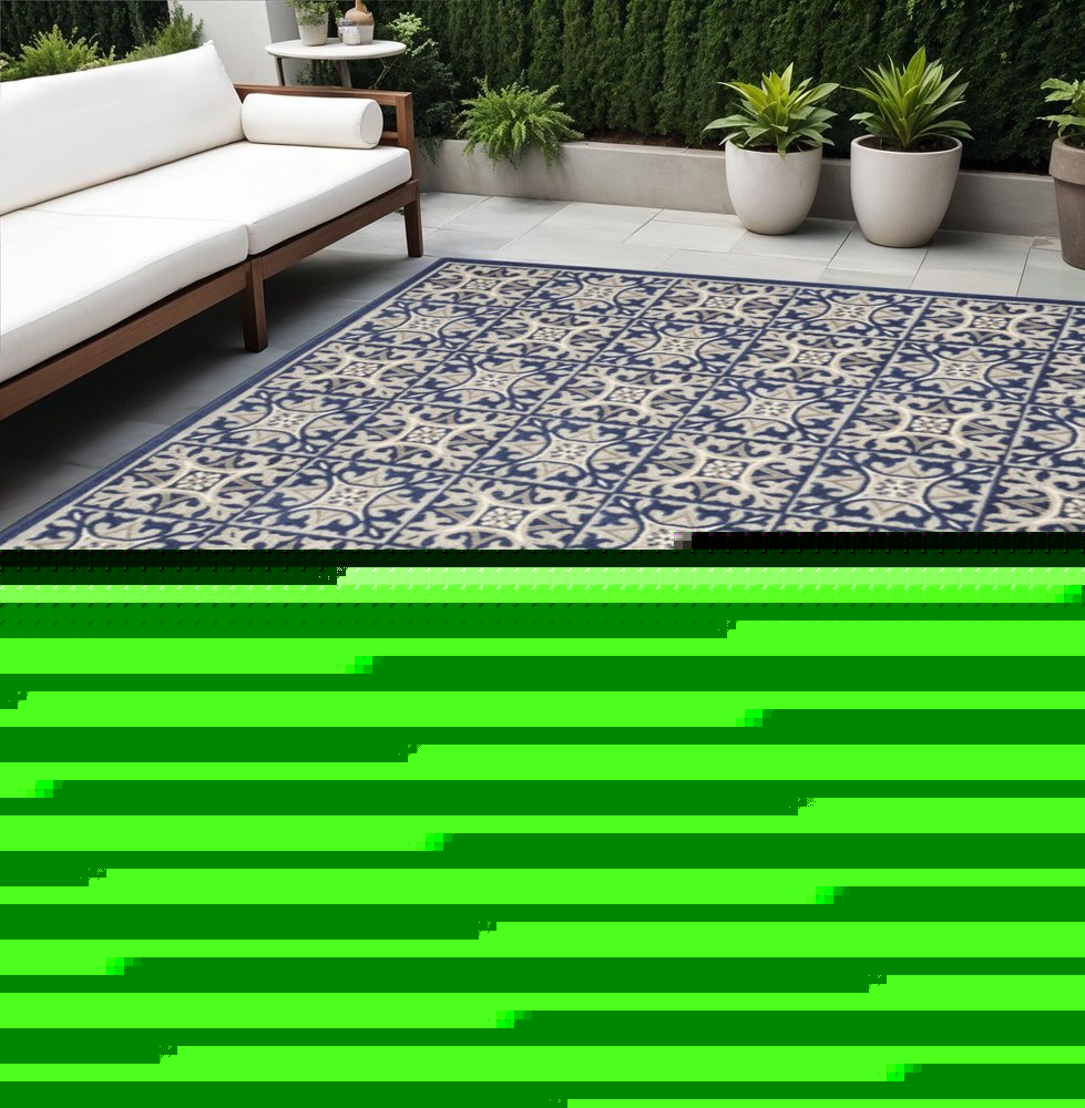 5' X 8' Blue Fleur De Lis Stain Resistant Non Skid Area Rug