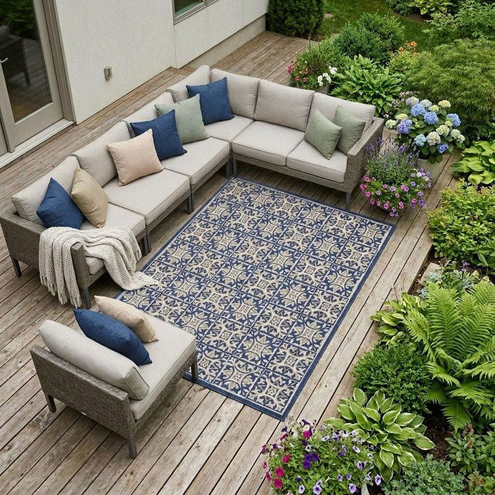 8' X 11' Blue Geometric Non Skid Indoor Outdoor Area Rug