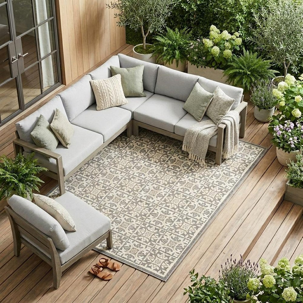 8' X 11' Ivory and Gray Geometric Non Skid Indoor Outdoor Area Rug