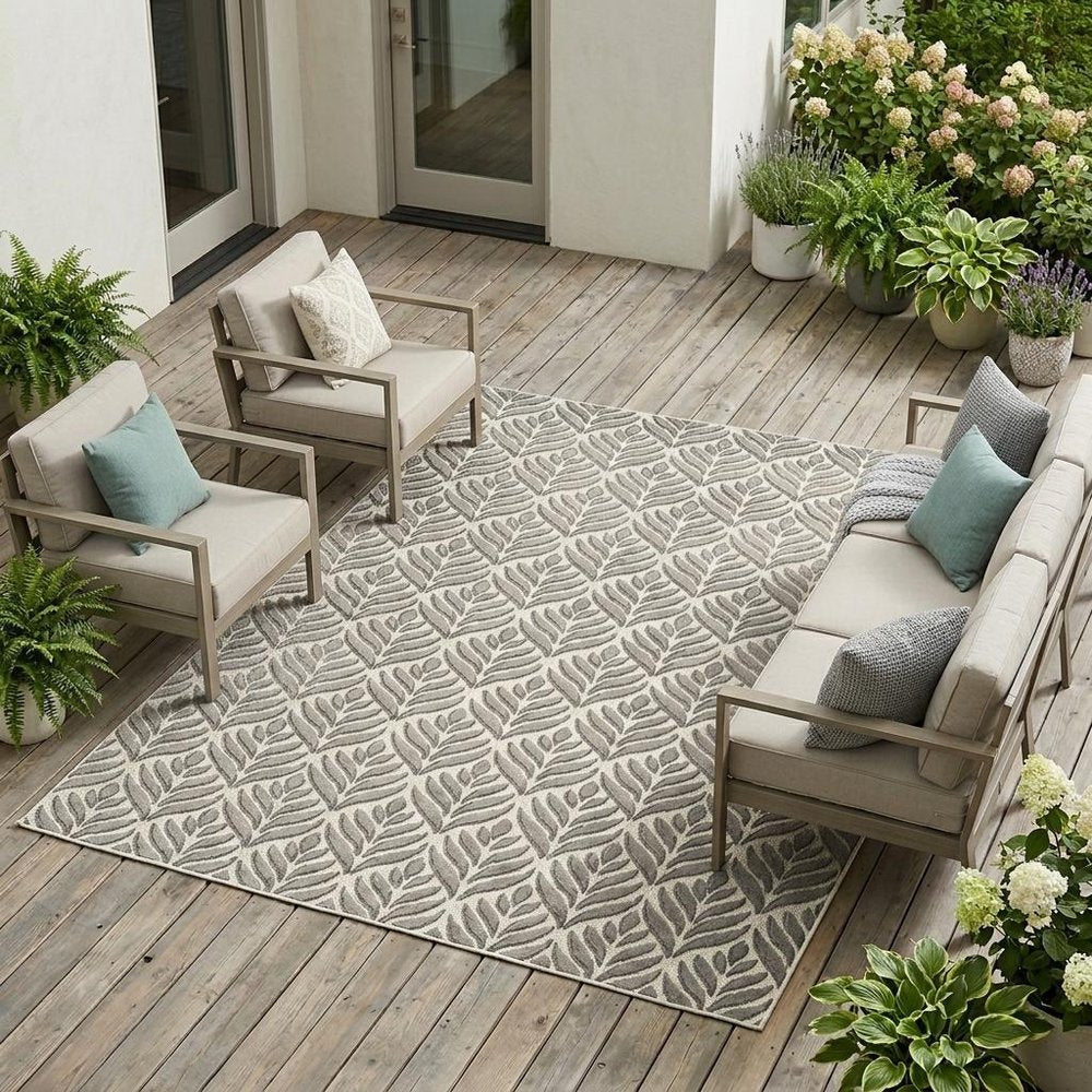 8' X 11' Charcoal Floral Non Skid Indoor Outdoor Area Rug