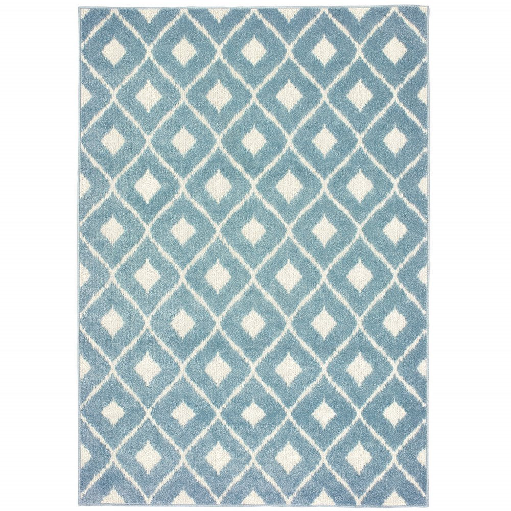 10' X 13' Blue and Ivory Geometric Stain Resistant Indoor Outdoor Area Rug