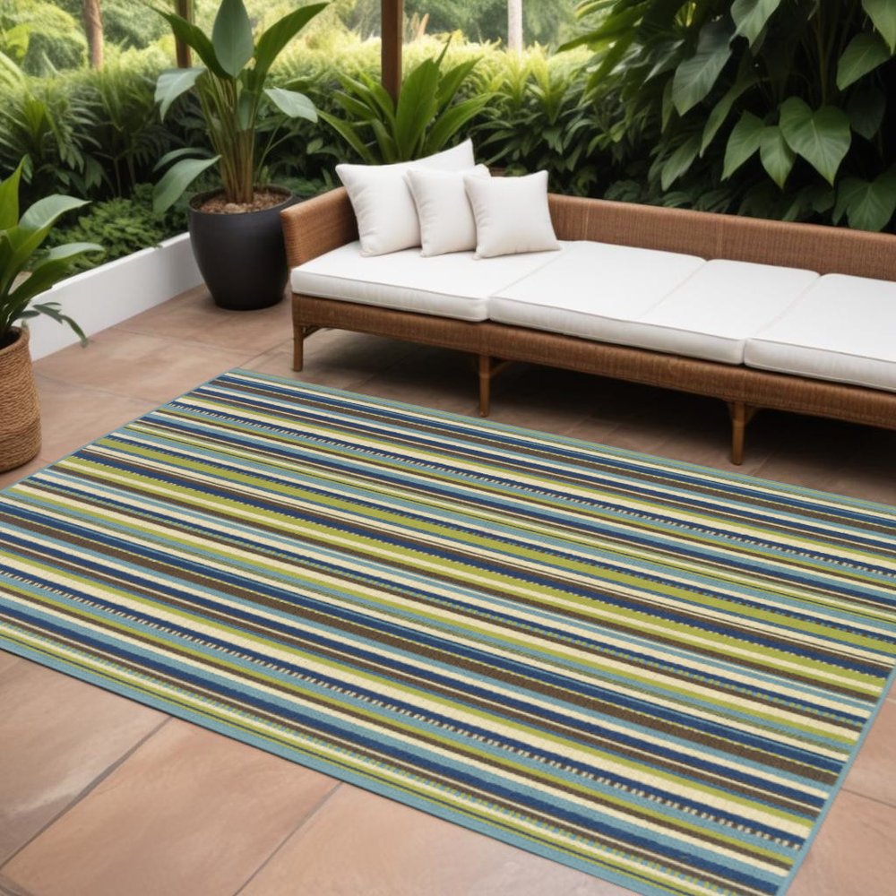 9' X 13' Blue and Green Striped Stain Resistant Indoor Outdoor Area Rug