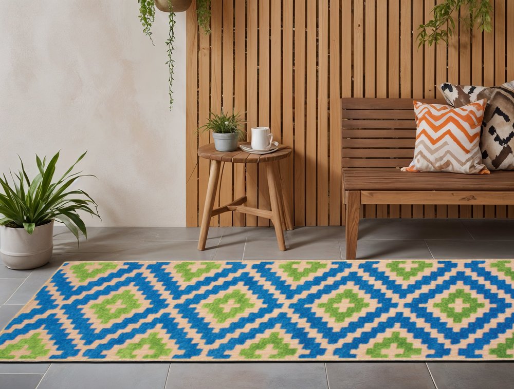 2' X 8' Blue and Beige Geometric Stain Resistant Indoor Outdoor Area Rug