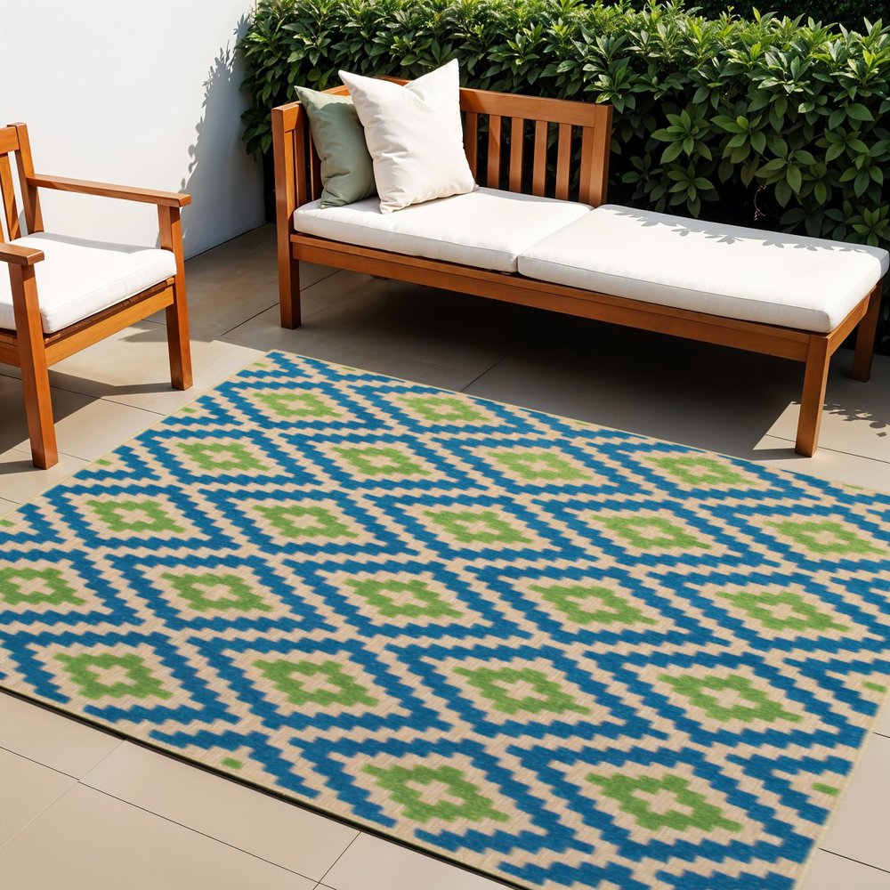 4' X 5' Blue and Beige Geometric Stain Resistant Indoor Outdoor Area Rug