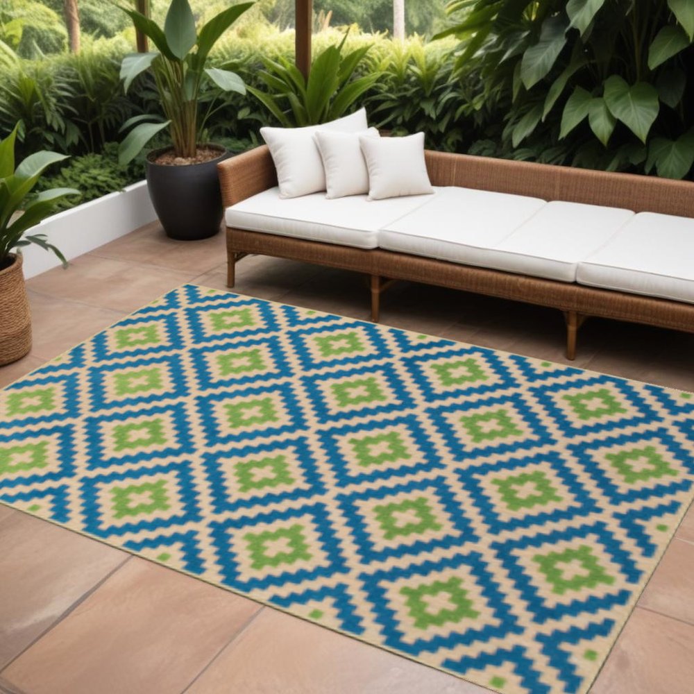 7' X 10' Blue and Beige Geometric Stain Resistant Indoor Outdoor Area Rug