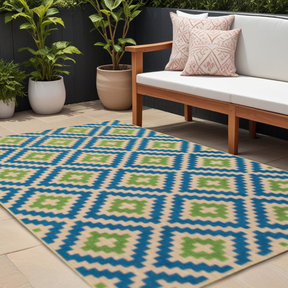 10' X 13' Blue and Beige Geometric Stain Resistant Indoor Outdoor Area Rug