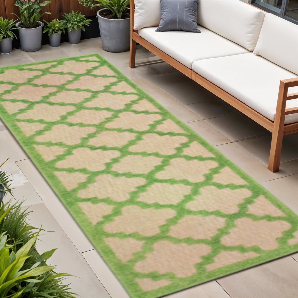 2' X 8' Green Geometric Stain Resistant Indoor Outdoor Area Rug