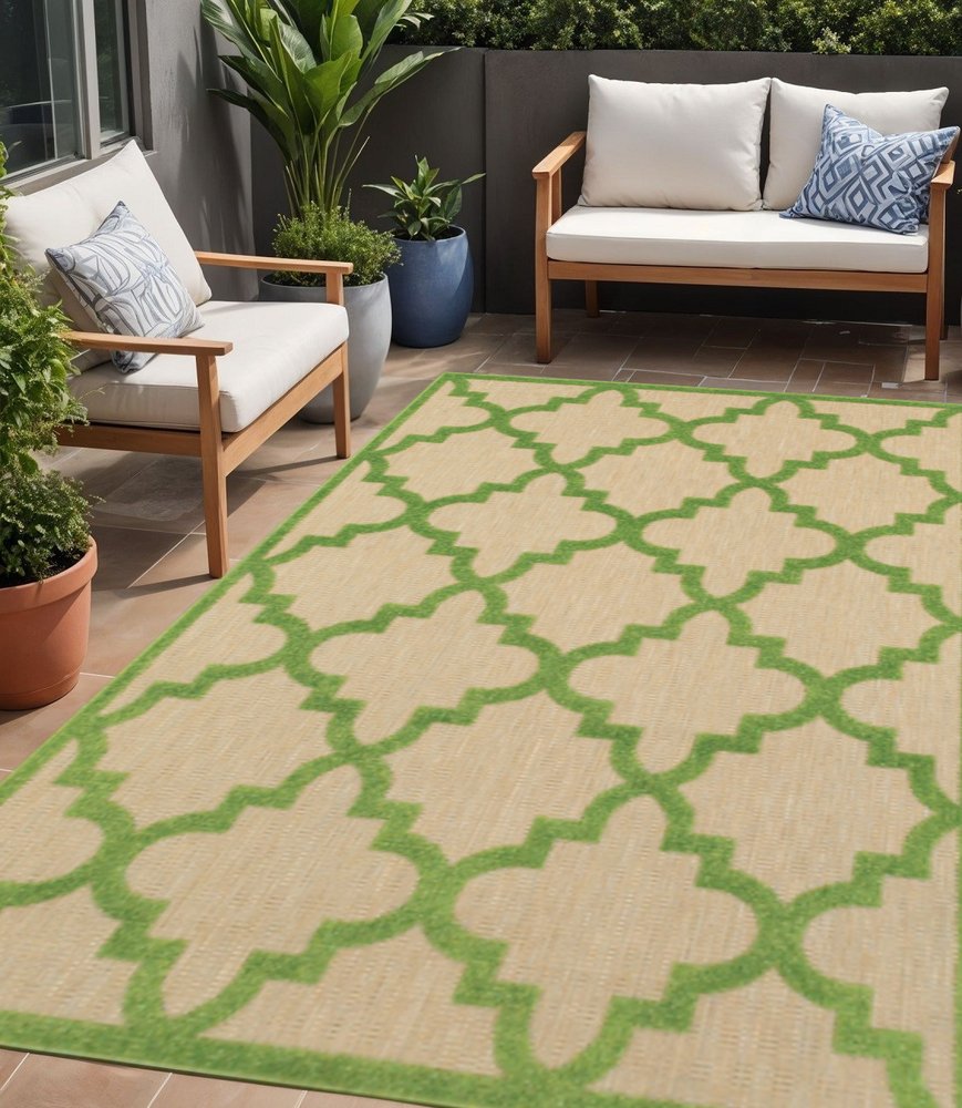 5' X 8' Green Geometric Stain Resistant Indoor Outdoor Area Rug