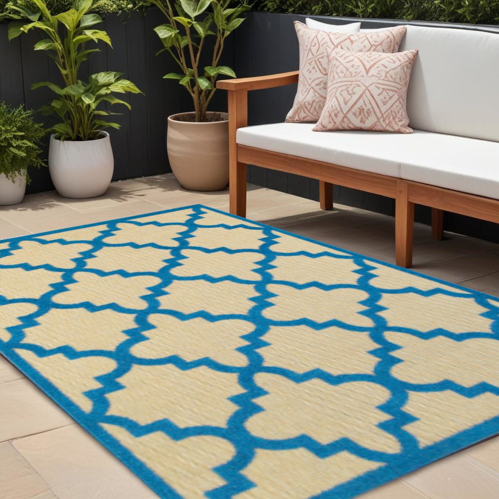 10' X 13' Blue and Beige Geometric Stain Resistant Indoor Outdoor Area Rug