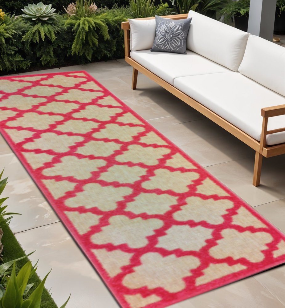 2' X 8' Red Geometric Stain Resistant Indoor Outdoor Area Rug