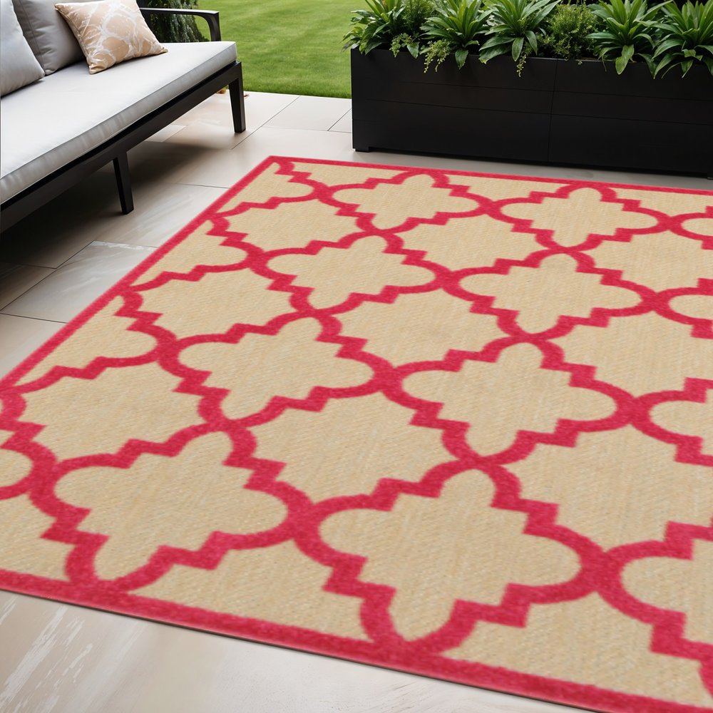 5' X 8' Red Geometric Stain Resistant Indoor Outdoor Area Rug