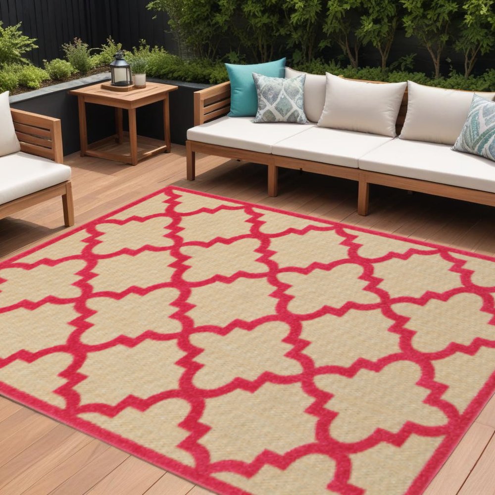 10' X 13' Red Geometric Stain Resistant Indoor Outdoor Area Rug