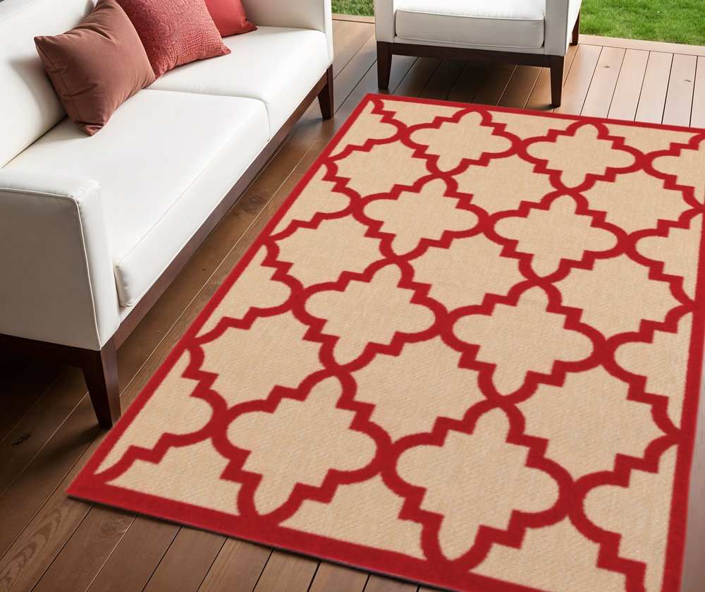 4' X 5' Red Geometric Stain Resistant Indoor Outdoor Area Rug