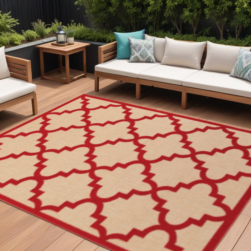 8' X 11' Red Geometric Stain Resistant Indoor Outdoor Area Rug