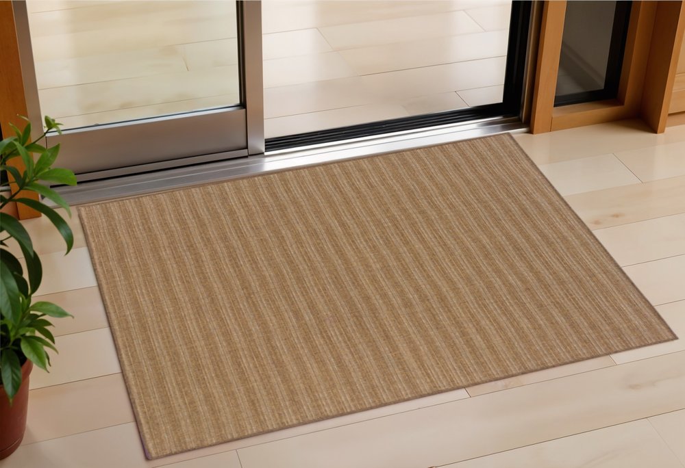 2' X 4' Tan Striped Stain Resistant Indoor Outdoor Area Rug
