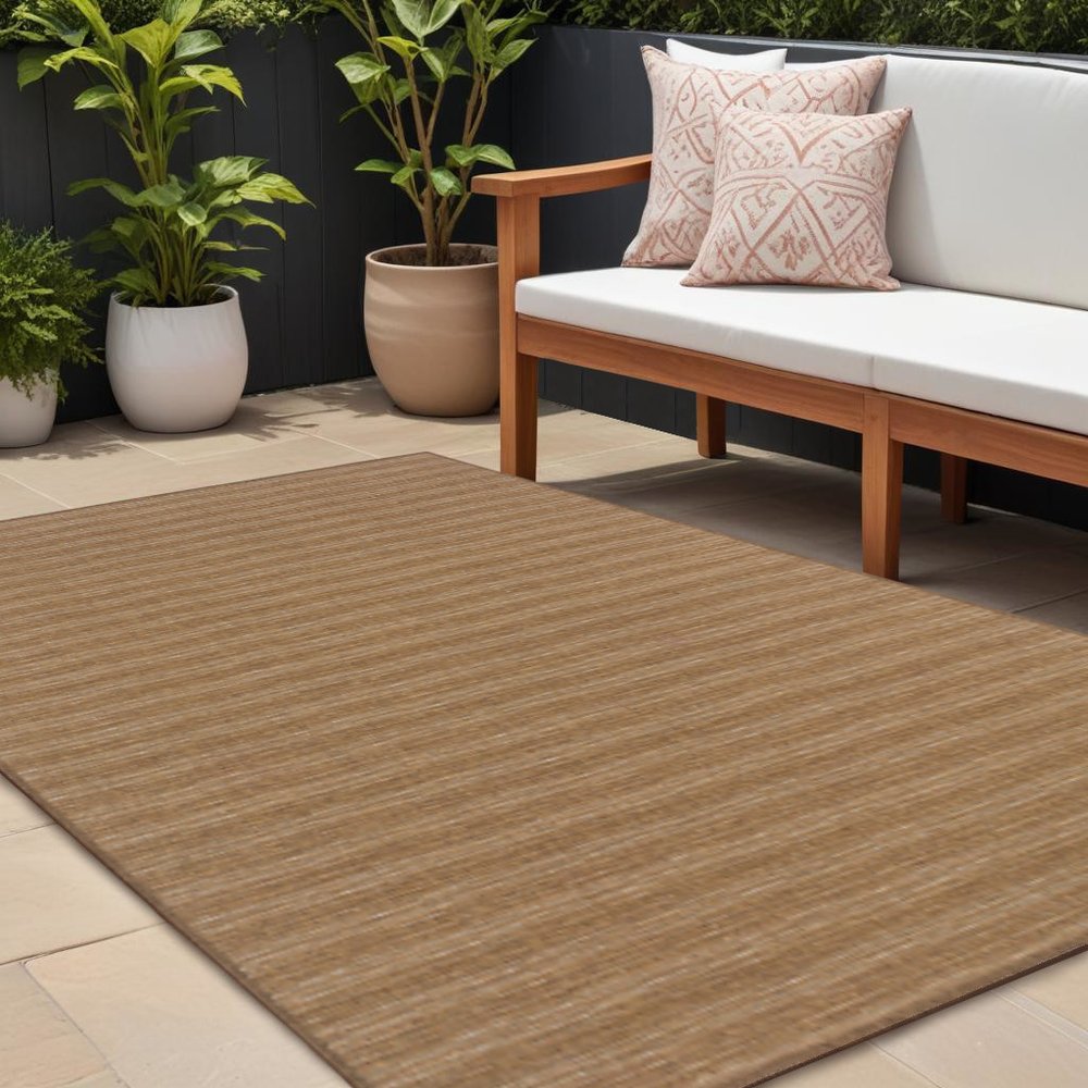 9' X 13' Tan Striped Stain Resistant Indoor Outdoor Area Rug