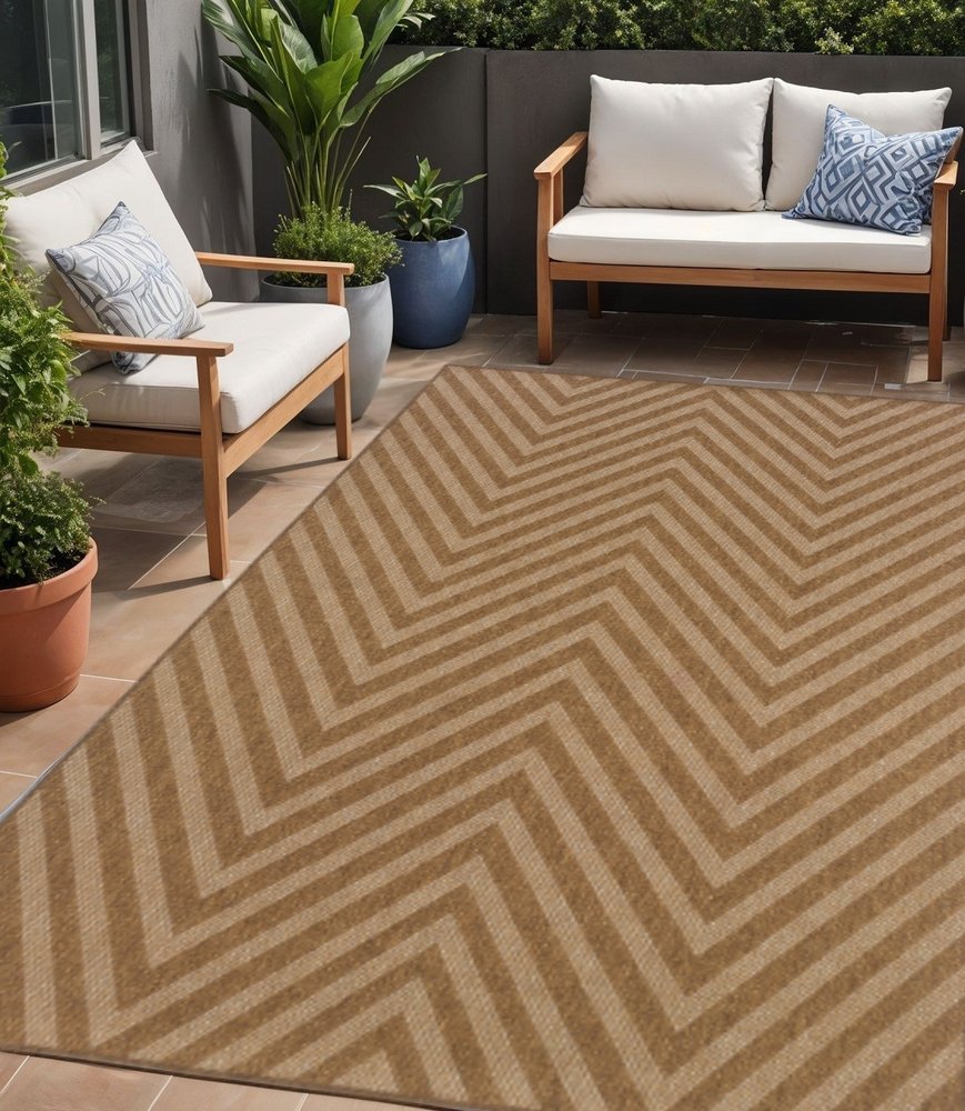 5' X 8' Tan Geometric Stain Resistant Indoor Outdoor Area Rug