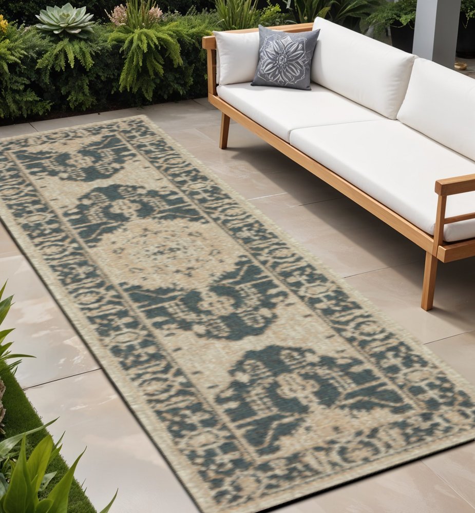 2' X 8' Gray Oriental Stain Resistant Indoor Outdoor Area Rug