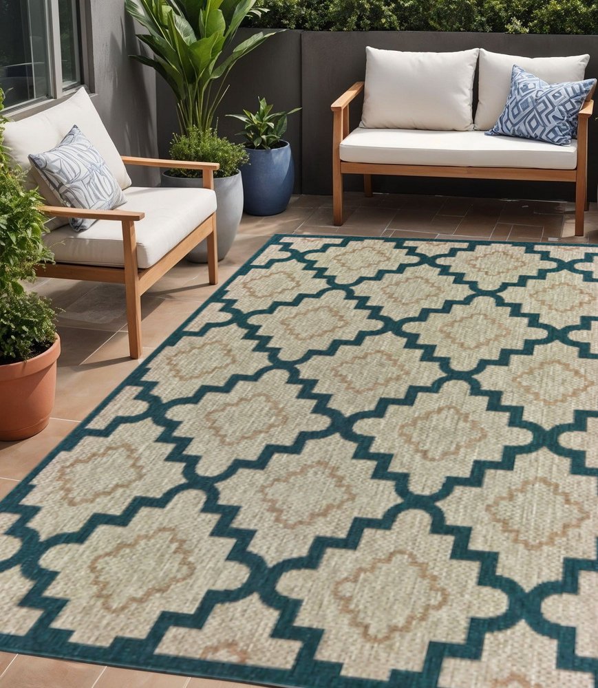 5' X 7' Blue and Gray Geometric Stain Resistant Indoor Outdoor Area Rug