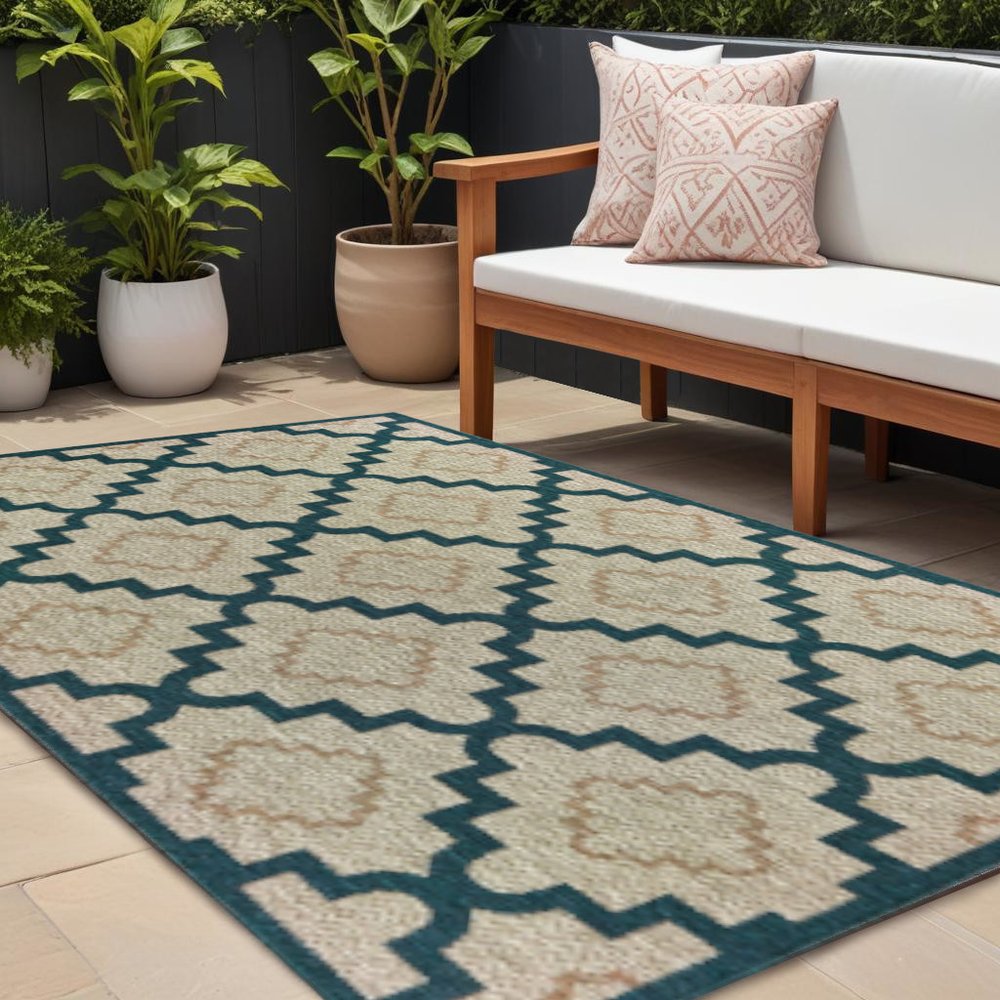 7' X 9' Blue and Gray Geometric Stain Resistant Indoor Outdoor Area Rug