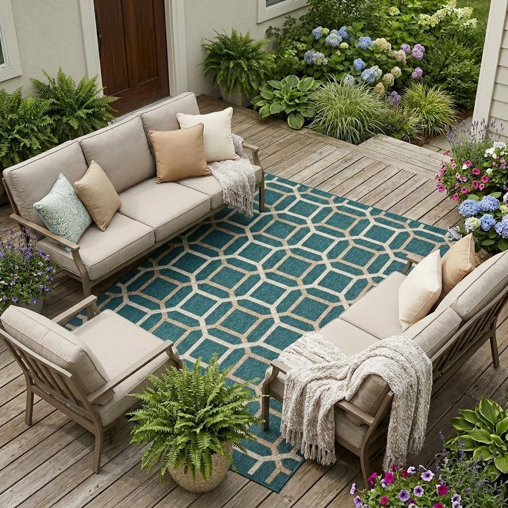 8' x 10' Blue and Gray Geometric Stain Resistant Indoor Outdoor Area Rug