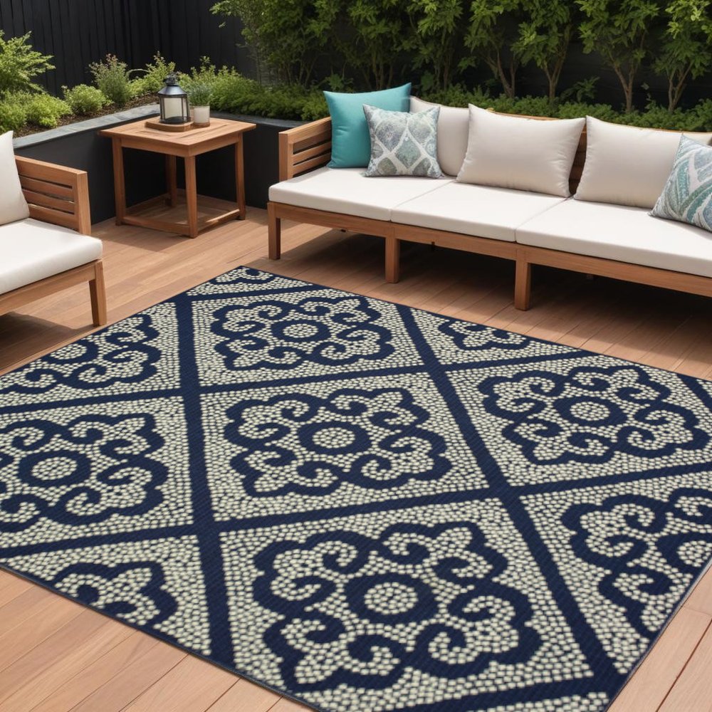9' X 13' Blue and Ivory Geometric Stain Resistant Indoor Outdoor Area Rug