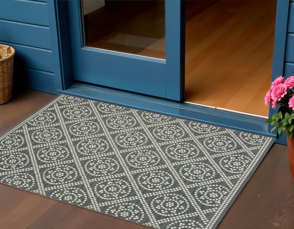 2' X 4' Gray and Ivory Geometric Stain Resistant Indoor Outdoor Area Rug