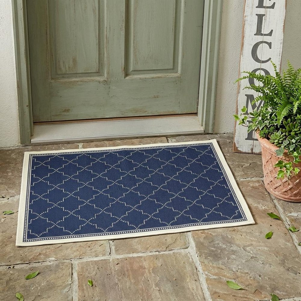 2' X 4' Blue and Ivory Geometric Stain Resistant Indoor Outdoor Area Rug